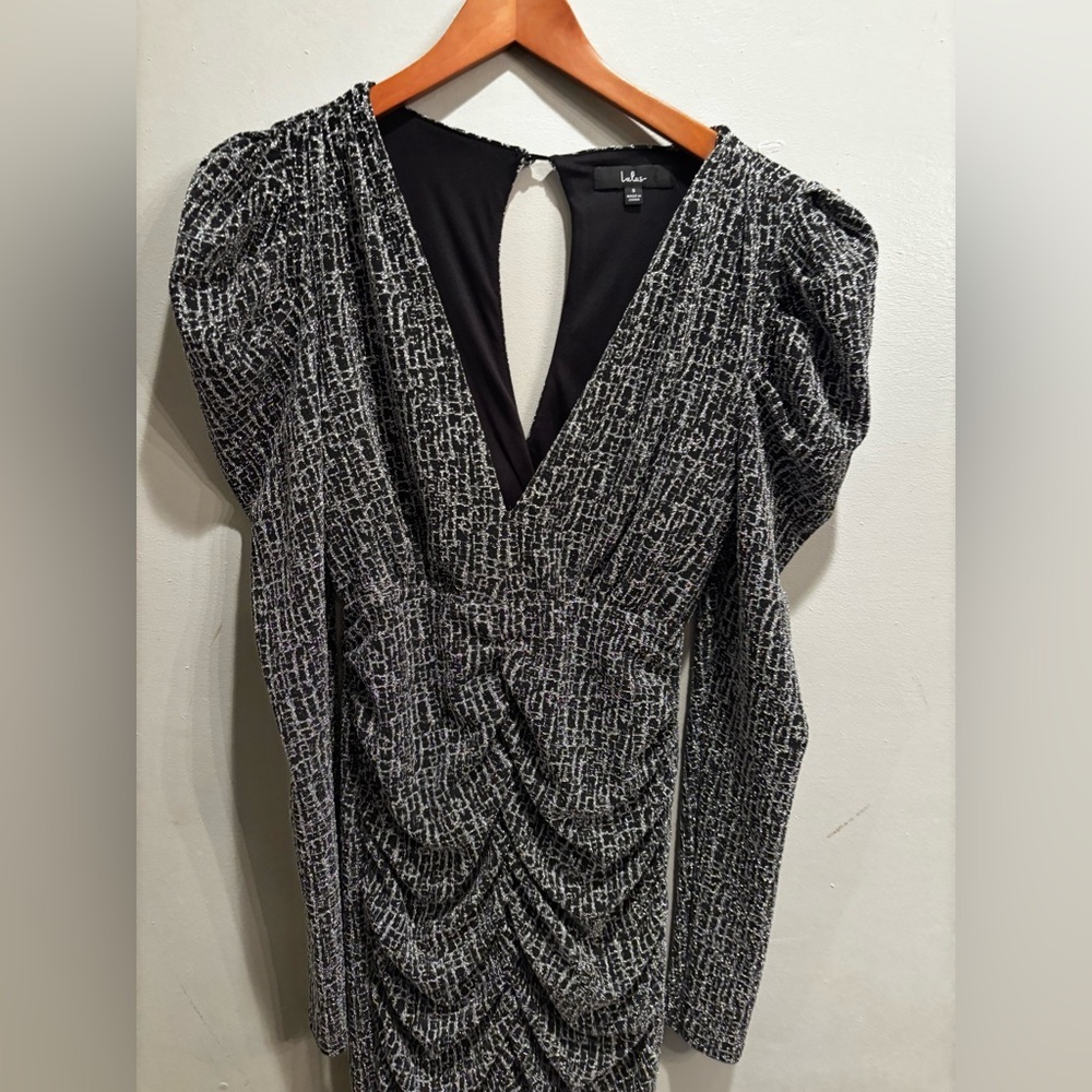 Lulu's Black and White Sheath Dress Puff Sleeve sparkle formal form fit holiday - Picture 3 of 13